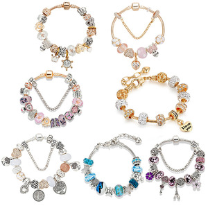 <span class=keywords><strong>Pulsera</strong></span> europea DIY con cadena de serpiente dorada, cadena de seguridad, cuentas <span class=keywords><strong>Chamilia</strong></span> rosas y colgante de corazón LOVE de cristal completo - Product Image 6