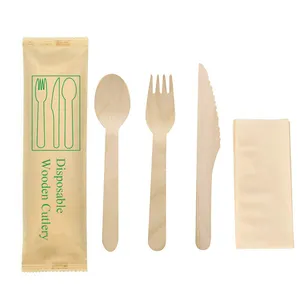 Sinh thái thân thiện phân hủy sinh học dùng một lần gỗ ngã ba dao Flatware Kit dùng một lần dao kéo bằng gỗ thiết lập trong Kraft gói giấy