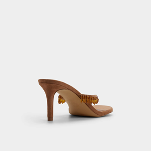 Women's Brown Suede Beaded Fringe Thong <strong>Mules</strong> Square Toe <strong>Kitten</strong> <strong>Heel</strong> Slide Sandals - Product Image 4