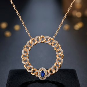 Luxury Gold Chain <b>Necklace</b> with Blue Gemstone Circular Pendant Elegant Women <b>Statement</b> Fashion Jewelry - Product Image 3
