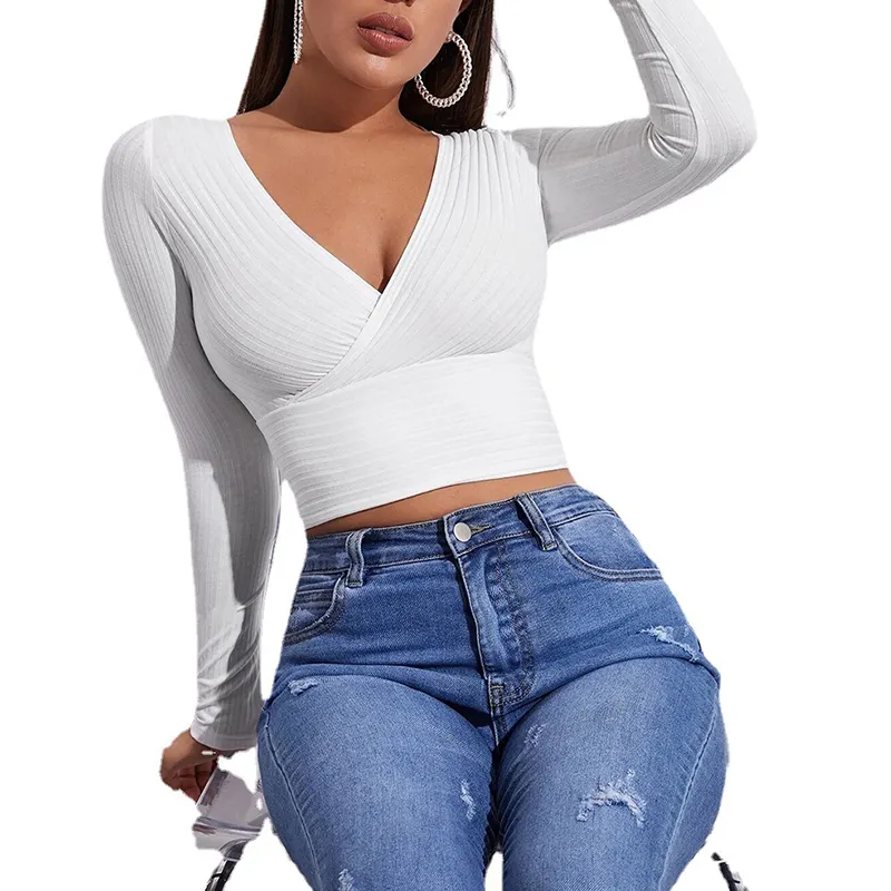 cheap custom solid plus size ladies top fashionable long sleeve v neck women's t-shirt sexy crop tops for women