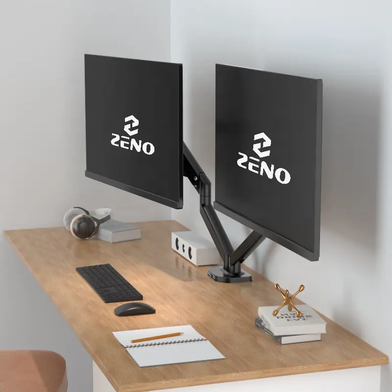 ZENO Totalmente Ajustável Cable Management Desk Mount Smart Base Designer Premium Dual Monitor Stand Gás Spring Monitor Braço