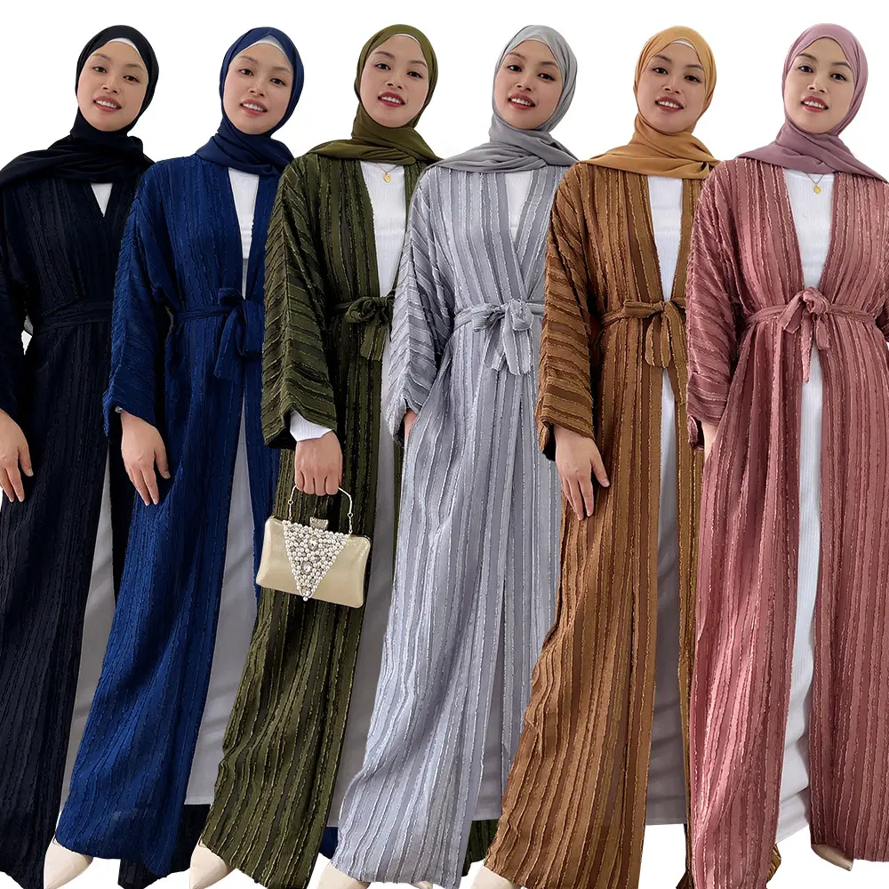 Оптовая продажа, модное платье-абайя для мусульманских женщин, в полоску, из полиэстера, с длинным рукавом, Открытое платье, кардиган с карманами