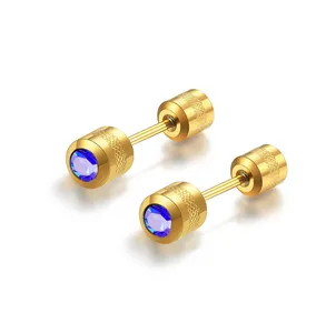 2024 most fashionable double heads barbell shaped 18k gold plated non tarnished women's stainless steel zirconia stud earrings