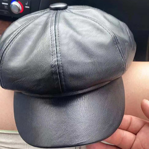 Leather Octagonal Beret For Women Pu Material Autumn <b>Winter</b> <b>Cap</b> Korean Style - Product Image 1