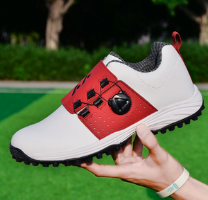 Chaussures de golf blanches et rouges avec boucle rotative, tige en PU, semelle extérieure en caoutchouc, design unisexe - Product Image 4