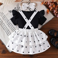 Ensemble 3 pièces pour bébé fille : haut à manches courtes imprimé nœud + jupe double à bretelles + bandeau pour cheveux en polyester/coton