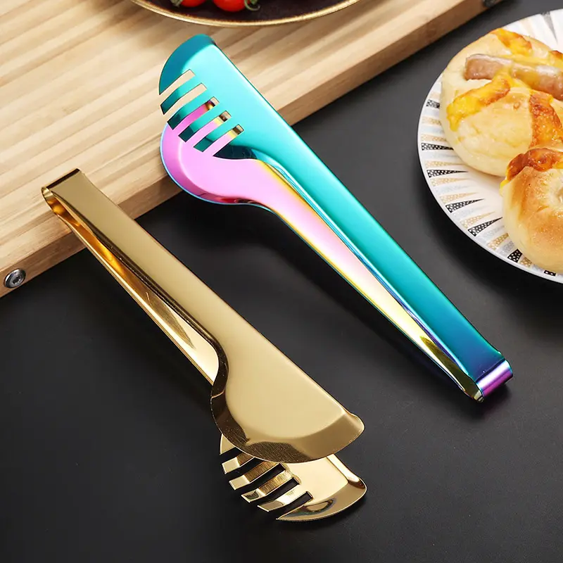 High-grade Multifunctional Gold Black Plated Stainless Steel Frying Food Serving Tongs Barbecue Clip Clamps