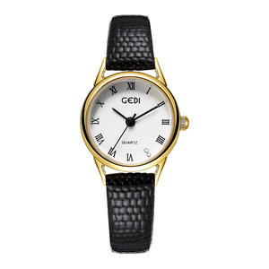Montre pour femme rétro de niche, mince, avec lunette dorée et chiffres romains, bracelet en cuir véritable, mouvement à quartz - Product Image 6