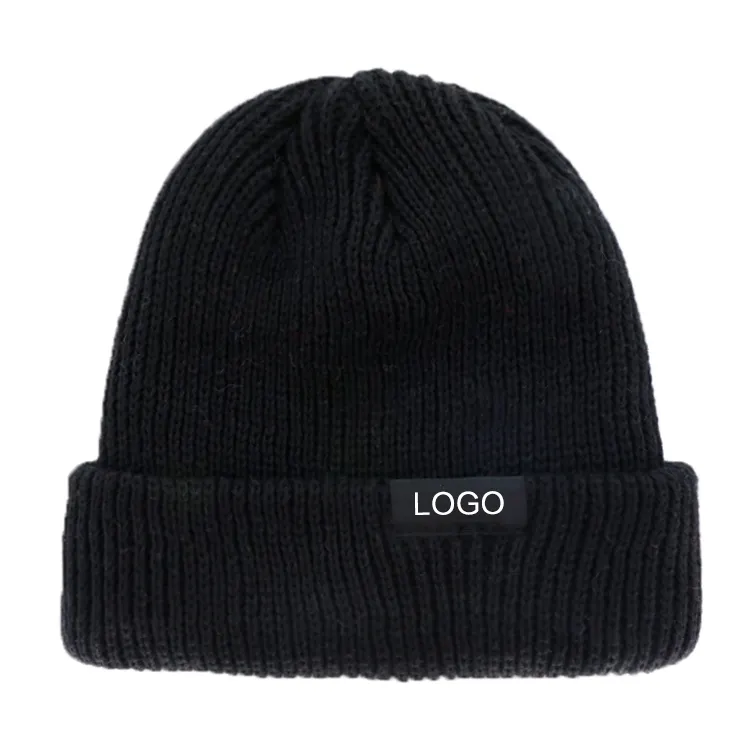 Wholesale High Quality Warm Unisex Acrylic Custom Logo New Winter Hat Organic Cotton Black Knitted Beanie 2021