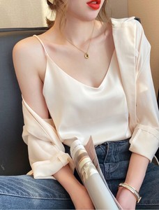 Camisola de Seda con Cuello en V Tallas S-XXL <span class=keywords><strong>Top</strong></span> Básico para Mujer Camiseta sin Mangas Básica para Mujer Chaleco sin Mangas Corsé de Satén Blanco Ropa para Mujer y Chica - Product Image 3