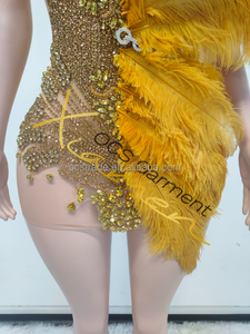 MF Productos al por mayor Cristales brillantes Sin mangas Fiesta Pluma de avestruz Oro Rhinestone Sexy Club Vestido para mujer - Product Image 5