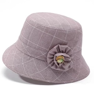 Chapeau de pêcheur à carreaux pour femmes, gris, en coton et lin, protection solaire, printemps automne, chapeau de pêcheur décontracté - Product Image 3