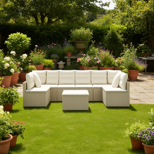 Conjunto de Sofá de Jardín de Ratán Beige con Cojines de Espuma de Alta Densidad, Muebles Impermeables de Estilo Contemporáneo para Exteriores - Product Image 2