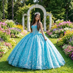 Vestido de Quinceañera Dy1533 Azul Aqua con Cuentas de Cristal y Tul Brillante, Apliques Florales, Vestido de Fiesta de 15 Años, Jancember - Product Image 1