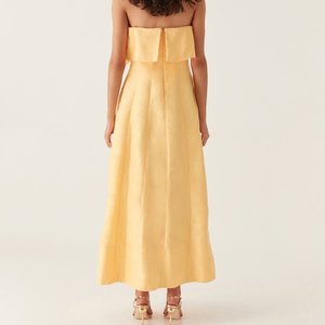 Meilleure vente mode dames jaune volant décontracté sans manches lâche et élégant femmes jaune une épaule lin robe mi-longue - Product Image 3