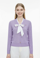 Cardigan court en maille pour femme, col en V, texture gaufrée, avec nœud blanc, boutons perlés, manches longues, élégant, veste pull violette