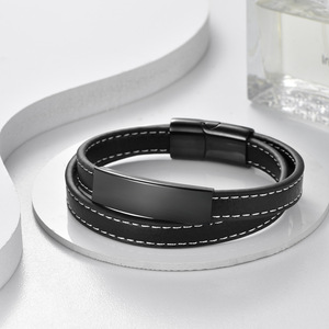 <span class=keywords><strong>Pulsera</strong></span> de cuero trenzado para hombre, <span class=keywords><strong>pulsera</strong></span> de moda con barra de Metal de acero inoxidable, estilo Vintage, regalo - Product Image 4