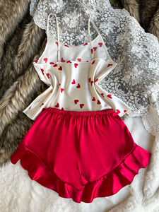 Ensemble pyjama 2 pièces pour femme, imprimé cœurs, haut à fines bretelles et <span class=keywords><strong>short</strong></span> à volants, style Saint-Valentin, vêtements de détente et de nuit - Product Image 2