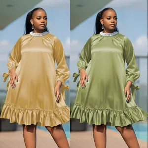 Elegant fashion plus size women's long sleeve dresses Satin Tie Neck Long Sleeve H Dress