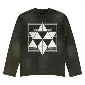 Vintage Washed <strong>Dark</strong> Gray Men Long Sleeve T Shirt with Intricate Geometric <strong>Star</strong> Hexagon Pattern Print Casual Streetwear - Product Image 2