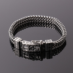 Perhiasan Hip Hop gelang buatan tangan pria, rantai tangan Stainless Steel ganda Punk Vintage Perak - Product Image 3