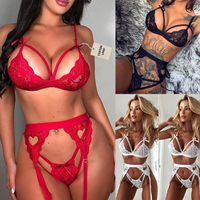 Set Lingerie Merah Baru 2026 3pcs dengan Garter Belt, Pita, dan Jaring Transparan Seksi untuk Wanita, Dilengkapi Bra Segitiga