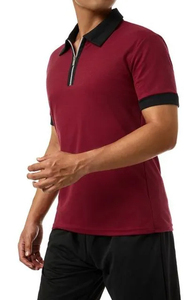 Polo à manches courtes en polyester de couleur pure tactique pour sports de plein air rouge vin de couleur contrastée - Product Image 4