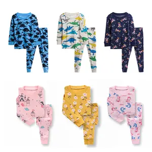 2023 güz karikatür gökkuşağı çiçek Unicorn dinozor çocuk pijamaları pijama Loungewear % 100% pamuk çocuk erkek kız pijama seti