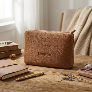 Sac de maquillage en tissu éponge marron écologique avec logo en relief, sac de voyage doux et moelleux pour soins de la peau, sac cosmétique avec fermeture éclair - Product Image 3