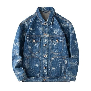 High Street Star Print Breathable Vintage Washed Streetwear Loose Casual <strong>Men</strong> Denim <strong>Jacket</strong> for Daily Outing Party <strong>Travel</strong> - Product Image 1