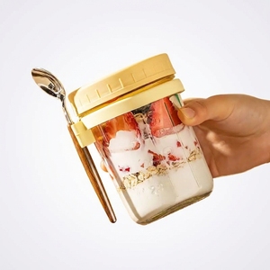Pot en verre pour overnight oats esthétique 350 ml |   Tasse à petit-déjeuner à parois cannelées verticales avec porte-cuillère |   Conteneur en verre pour préparation de repas avec couvercle - Product Image 3