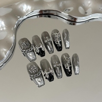 Faux ongles à presser faits main, gris gothique ombré, avec croix argentée 3D, réutilisables, longs, forme cercueil, à coller