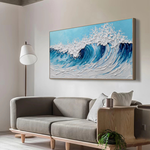 Seascape Hand painted Landscape <b>Large</b> Blue White Ocean Sea Waves Canvas Abstract 3D Textured Oil Painting Indoor Wall Art - Product Image 5