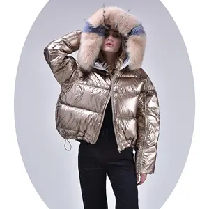 Winter short shiny down coat women wholesale bubble bomber jacket fur hooded Janefur