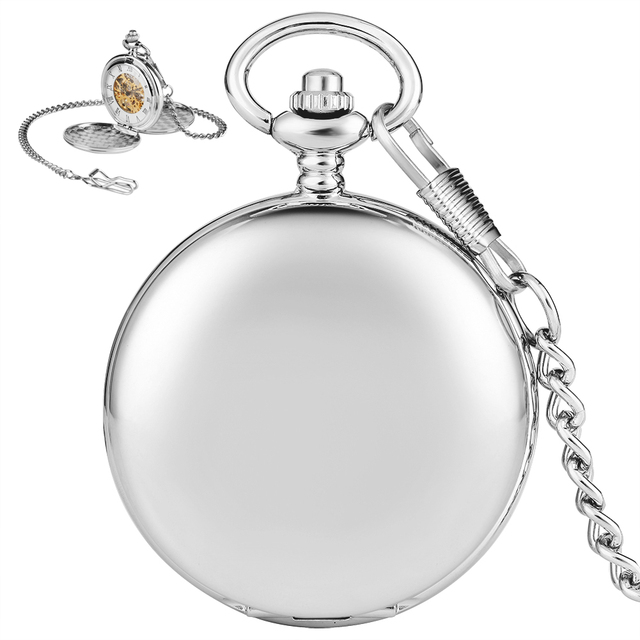Wholesale Twin Open Plain Smooth Case Skeleton Mechanical Pocket Watch With Chain, Double Hunter Steampunk Locket Watch for Men