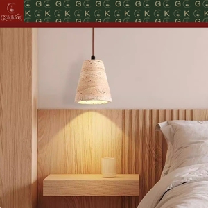 Lampe de chevet pour chambre à coucher, <span class=keywords><strong>luminaire</strong></span> en travertin beige naturel, forme de cloche, cordon en cuir marron, OEM ODM - Product Image 3
