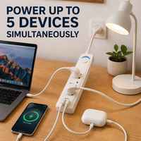 Multiprise universelle 2500W à 3 prises avec deux ports USB, interrupteur principal à une touche, câble de 1,8 m, prise EU à 90 degrés pour la maison et le bureau