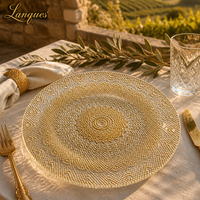 Assiette de présentation de luxe en verre à motif Mandala, dorée et transparente, décorative pour la location de décoration de table de fête