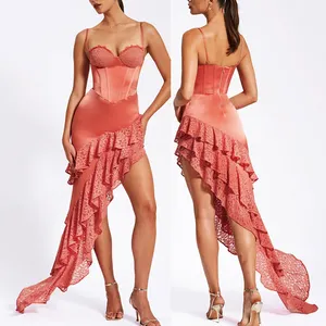 Новый Модный женский летний Асимметричный атласный корсет с оборками Макси платье для женщин