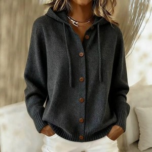 <b>Light</b> Blue Hooded Knit <b>Cardigan</b> Button Front Sweater Pullover for Casual Wear - Product Image 4