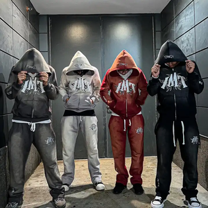 カスタムストリートウェアスウェットスーツフレアジョガーセットヒップポップスウェットパンツとビンテージ酸ウォッシュジップアップパーカーセット男性用 - Product Image 2