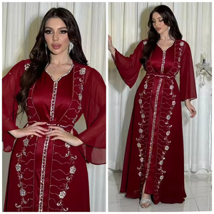 Abaya élégante pour femme, robe musulmane ornée de strass, manches longues, en mousseline, avec grand ourlet évasé et ceinture, vêtement islamique - Product Image 6