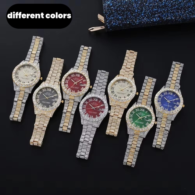 Bling Fully Iced Out Silver Red Hip Hop Diamond Pointer Dial Quartz Watch -enabled for Men and Women