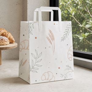 Sacs en papier kraft blancs imprimés sur mesure avec poignées plates, sacs d'emballage pour boulangerie, pain, pâtisserie, plats à emporter, vente en gros, recyclables - Product Image 3
