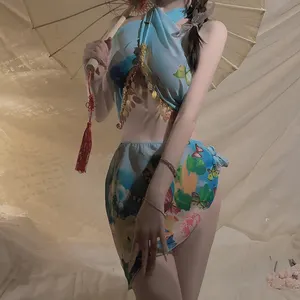 Jia Ruilin Sexy pajamas Printed chiffon Lace-up top kilt Expose waist Dancing girl Uniform Women's underwear