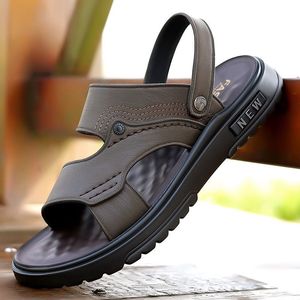 Men's Genuine Leather Sandals Open Toe Rubber Outsole Anti Slip Casual <b>Slides</b> - Product Image 1