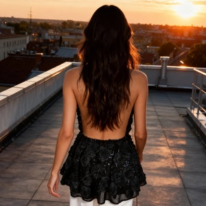 Top Personalizzato in Poliestere 100% Nero con Applicazioni Floreali di Paillettes, Scollo a V Profondo e Peplum - Product Image 3