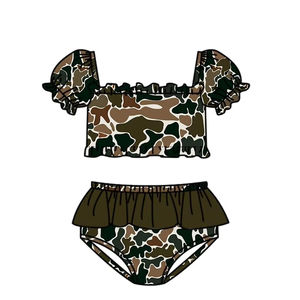 S0761 Traje de Baño Personalizado para Niña Pequeña, Diseño de Camuflaje Marrón, Venta al por Mayor, Traje de Baño de Manga Corta de 2 Piezas - Product Image 1