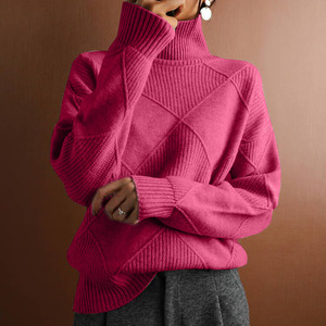 Nueva moda Coreana <span class=keywords><strong>de</strong></span> cuello alto con patrón <span class=keywords><strong>de</strong></span> <span class=keywords><strong>rombos</strong></span> suéter <span class=keywords><strong>de</strong></span> punto <span class=keywords><strong>para</strong></span> <span class=keywords><strong>mujer</strong></span> Color sólido elegante suéter <span class=keywords><strong>de</strong></span> viajero suelto largo - Product Image 4